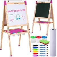 Blue Squid Art Easel for Kids Including 100+ Accessories - Double Sided Adjustable Wooden Painting Easel with Magnetic Chalk Board, White Board and Paper Roll