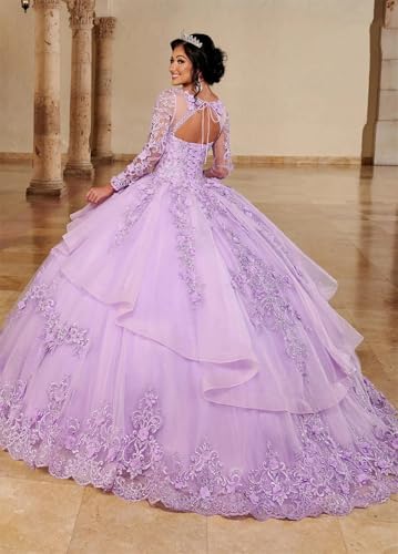ZHengquan Flower Apllique Quinceanera Dresses Ball Gown Long Sleeves Tulle Sweet 16 Dresses Beaded Puffy Princess Dress3