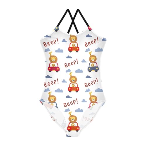 CHIFIGNO Cute Lions Cars White Swim Suits for Girls, Swimsuits for Girls One Piece Sport Summer Beach Swimwear for 7-8 Years Old