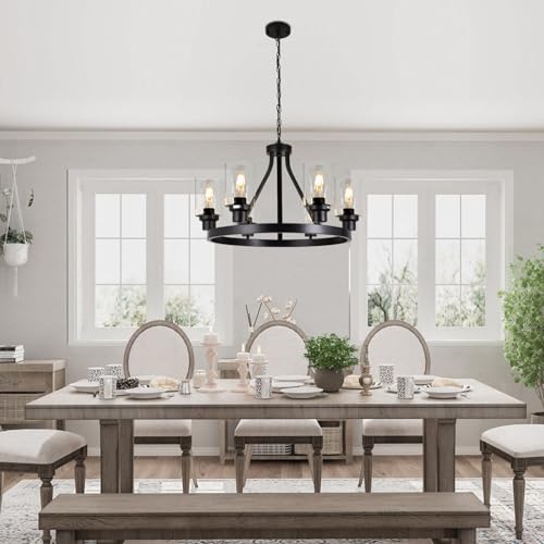 6-Light-Farmhouse-Chandelier-Light-Fixture-Dining-Room-Lighting-Fixtures-Hanging-Wagon-Wheel-Chandelier-Kitchen-Island-Pendant-Lights-Modern-Black-Industrial-Rustic-Adjustable-Height-Metal 6 Light Farmhouse Chandelier Light Fixture Dining Room Lighting Fixtures Hanging Wagon Wheel Chandelier Kitchen Island Pendant Lights Modern Black Industrial Rustic Adjustable Height Metal