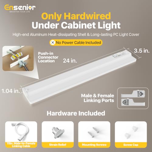 Image of Ensenior Hardwired Under Cabinet Lighting, 24 Inch 14W Under Cabinet Lights | Built-in 4-Level Dimmer & Switch, Premium Aluminum, Easy Link, True-color CRI 90+, 5 Colors, Moisture-Proof, FCC
