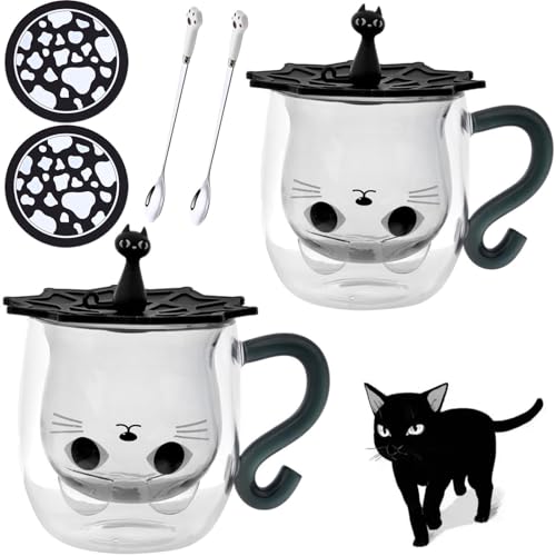 Arawat 2 sets de tasses à chat en verre à double paroi Noir Chat avec anse Tasse à café avec cuillère Sous-verre Tasse à café Verres à thé Tasses à espresso Cadeau pour femmes