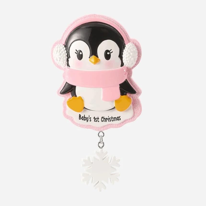 Décoration de Noël pingouin bébé personnalisée résine rose motif flocon de neige 10,2cm