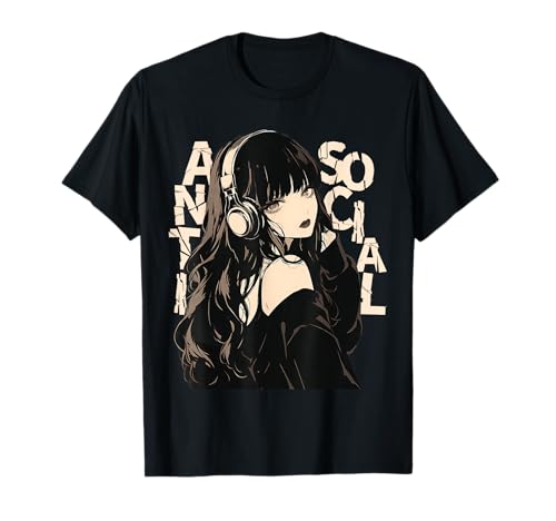 Alt Aesthetic Emo Fashion Gothic Anime Manga Anti Social Soft Grunge Anime Chica Con Auriculares Emo Goth Camiseta Negra Talla S Manga de Doble Puntada Camisa de Tirantes para Mujer Unisex-Adultos