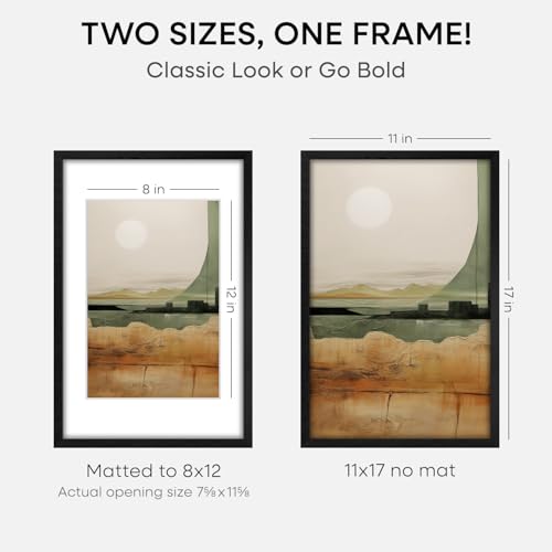 Image of Homeforia 11x17 Picture Frame Black Wood, High End Oak 11x17 Poster Frames with Mat 8x12, 11 x 17 Wooden Frame Matted to 8 x 12 inch Photo, 17x11 Thin Hanging Frame, Tempered Glass, Wall Kit, Set of 1
