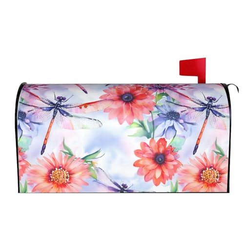 Image of Spring Summer Mailbox Cover Magnetic Watercolor Dragonflies and Flowers Waterproof Mailbox Wraps Post Letter Box Decor 21x18 in