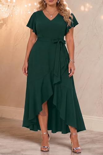 Image of Women Plus Size Wedding Guest Dress - Formal Cocktail Split Ruffle V Neck High Low Party Long Maxi Dresses