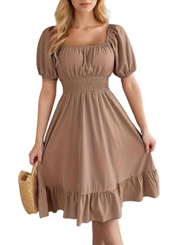 Image of VKEGNIO Square Neck Ruffle Hem Dress for Women Cute Short Puff Sleeve Dresses Casual Ruffle Shirred Flowy Party Mini Dress
