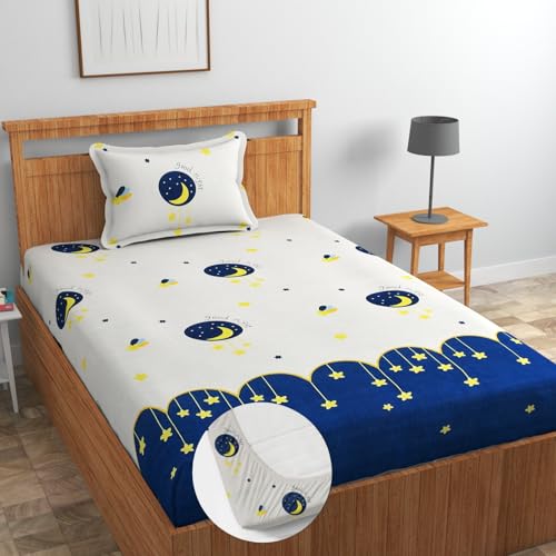 Image of Blue Strip 220TC Glace Cotton Elastic Fitted Floral Bedsheets Single Bed with 1 Pillow Cover | Single Bed with All Around Elastic, Size 42 X 75 Inches (Good Night), Small Single, Blue
