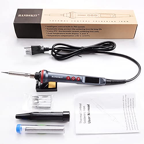 Image of HANDSKIT 90W Digital Soldering Iron Kit, Adjustable Temp, LED Display, C /F Switch, Auto Sleep, 5 Tips, Solder Wire, Stand, Sponge & Precision Tools for Electronics, DIY & Jewelry Repairs