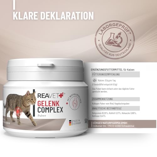 ReaVET Gelenk Complex Katzen 50g – Gelenkpulver mit Kollagen für Gelenke & Knorpel – Unterstützung der Beweglichkeit I Ergänzungsfuttermittel, Natürliche Gelenkunterstützung