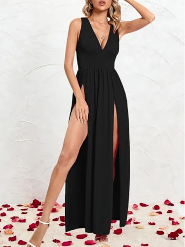 Image of SILUI Women's Summer 2026 Sexy Double High Slit Deep V Neck Plus Size Sundresses Thigh Split Maxi Club Party Dresses