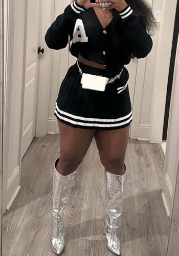 Womens Fall Sweaters Sets 2 Piece Outfits Knit Long Sleeve Button down Cardigan Sweaters Pleated Mini Skirt Set2