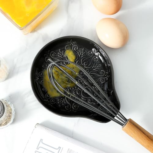 Image of Farmhouse Ceramic Spoon Rests Holder for Kitchen Counter Stove Top (Black-A3)
