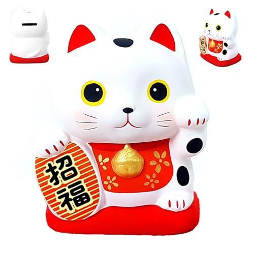 Maneki Neko Japonais, Chat Porte-Bonheur, Lucky Cat, Fabriqué au Japon - Statuette Tirelire en Argile Blanc de Chance, Prospérité, Richesse, Santé (Hauteur...