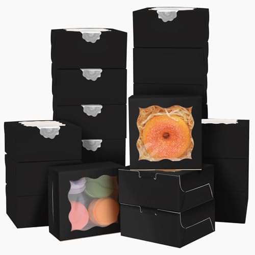 Gcardist Schwarz Bäckerei Boxen mit Fenster 30 Stück 10x10x6.3cm Mini Cookie Macaron Kleine Donut Gebäck Boxen (4x4x2.5 inch)