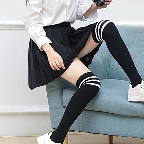 Image of AQOKKA Thigh High Socks for Women Striped Over Knee Thigh Socks Long Boot Thigh High Stockings Leg Warmers for Girls