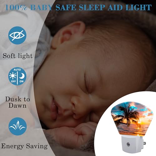Image of Beautiful Sunset Plug in Night Lights, Palm Tree Nightlight Plug Into Wall Dusk to Dawn Sensor for Kid Girls Boys Women Men Room, Hallway, Kitchen, Bathroom, Stairs Decor
