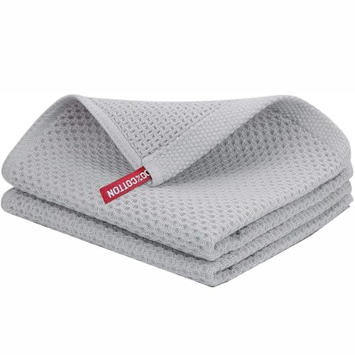 Image of Kitchen Cotton Lint Free Waffle Weave Hand Towels, Quick Drying Dish Cloths, Highly Absorbent Dish Rags Tea Towels Set with Hanging Loop, 13.4 inchx 13.4 inch, Light Grey, Pack of 2