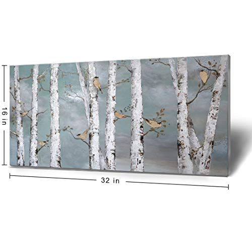 Image of Ejart Teal Wall Art Hand-Painted Landscape Forest Oil Painting on Canvas Original Framed Artwork Gold Bird Birch Tree Artwork 'White Birch at Night' for Living Room Bedroom Office Decor 32x16inch