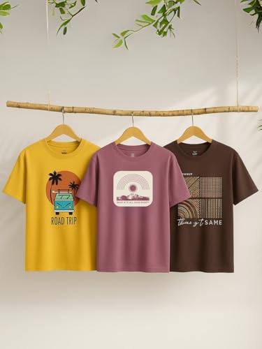 Image of Nobero 100% Cotton Tshirts for Men Combo Pack of 3 | Regular Fit | Printed | Round Neck Half Sleeve