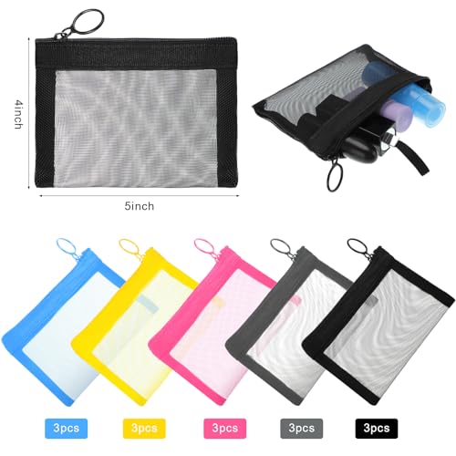 Frienda 15 Pcs Small Zipper Pouch Mini Mesh Pouch with Zipper 4 x 5 Inches in 5 Colors Mesh Bags for Makeup Cosmetics Travel Accessories and Office Supplies Storage2