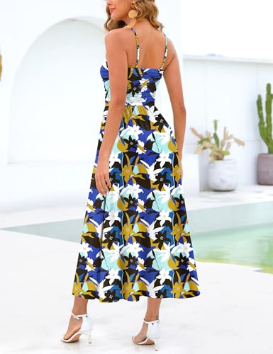 Image of Annebouti Women 2026 Summer Spring Ruched Maxi Dress Adjustable Spaghetti Strap Floral Beach Long Sundress with Pockets