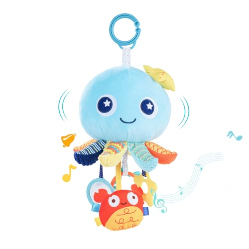 Image of Koty Baby Toys 0-6 Months - Octopus Sensory Development Toy with Pulling Cords, Squeaky, Crinkle, Rattle, Mirror - Baby Sensory Stuffers, Shower Gifts (Light Blue)