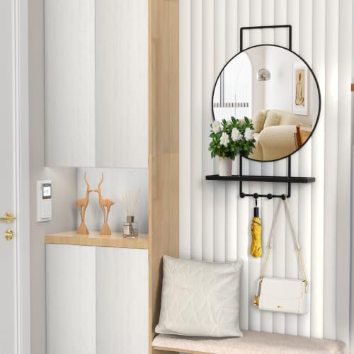 Image of BEAUTME Wall Mirror with Shelf and Hooks, 30x20 Inch Metal Framed Round Bathroom Mirrors with Shelf, Modern Farmhouse Wall Decor for Living Room Bedroom Entryway, Vertical (Black)