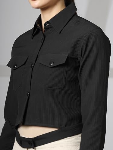 Image of CHKOKKO Solid Crop Jackets for Women stylish latest Long Sleeve Stylish Winter Shirt Jacket Casual Outerwear for Office