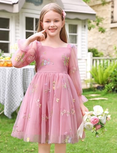 IMEKIS Kids Girls Pink Heart Tulle Dress Mesh Long Sleeve Pageant Formal Tea Party Dresses 3-10T3