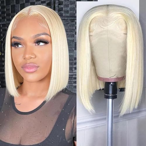 10 inch Short Bob Wig Human Hair 613 Blonde Straight Lace Fr