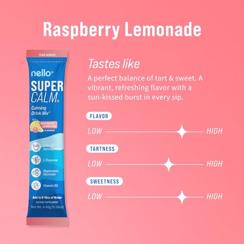 Image of Nello Supercalm Powdered Drink Mix, Cortisol Reducer and Sleep Aid Supplement, L Theanine, Ksm-66 Ashwagandha, Magnesium Glycinate, Vitamin D 3, No Sugar, Non GMO, On The Go, 20 Ct, Raspberry Lemonade