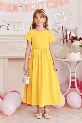 Image of Arshiner Girls Maxi Dress Long /Short Sleeve Casual Holiday Dress with Pockets for 5-13 Years