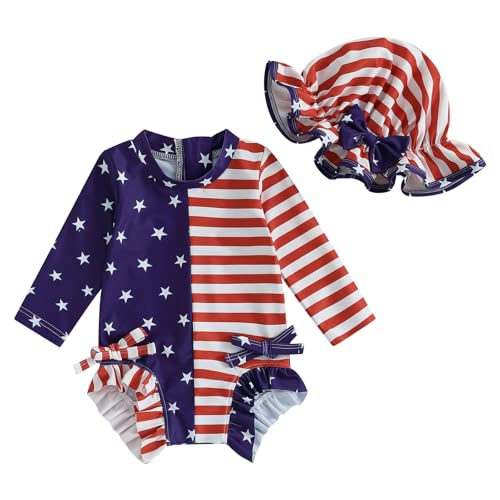 Toddler Girl 4Th of July One Piece Swimsuit Rash Guard Beachwear Ruffle Baby Swimwear Sun Protection Bathing Suit (US, Age, 12 Months, 18 Months, Star Strip Blue Swimsuit)