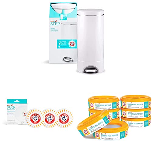 Image of Munchkin® Step™ Diaper Pail Powered by Arm & Hammer, #1 in Odor Control, Award-Winning, Includes 1 Snap, Seal & Toss™ Bag, 8 Refill Rings, 1 Starter Refill Ring, and 4 Puck™ Baking Soda Cartridges