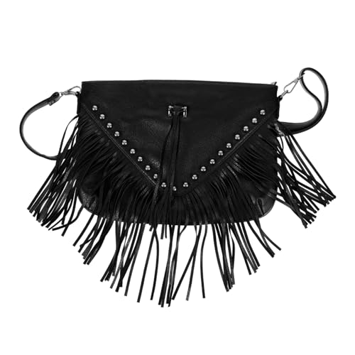Sac bandoulière clouté à franges noir grand volume avec sangle réglable