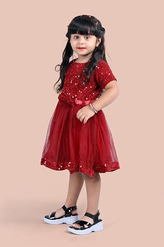 Image of Charming Girls' Kids Velvet & Net Frock with Knee-Length Short Sleeve A-line Round Neck Fit and Flare and Back Zipper Closure|Kids Dress for Baby Girls Birthday Outfit