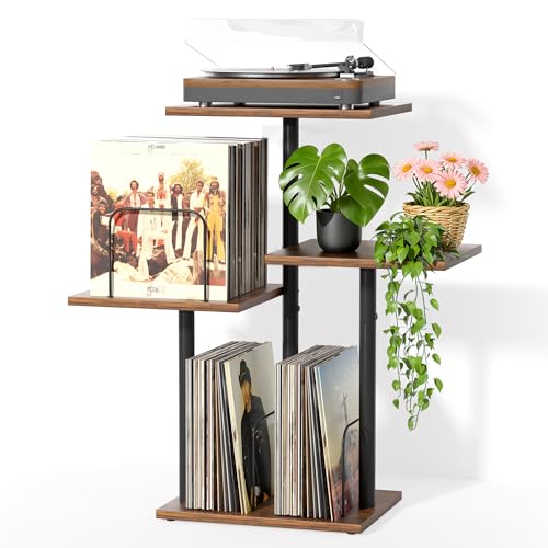 Bikoney Meuble Botanique pour Platine Vinyle avec Rangement, Table en Bois pour Platine avec Étagère LP, Organisateur et Présentoir de Disques pour Petits Espaces,...