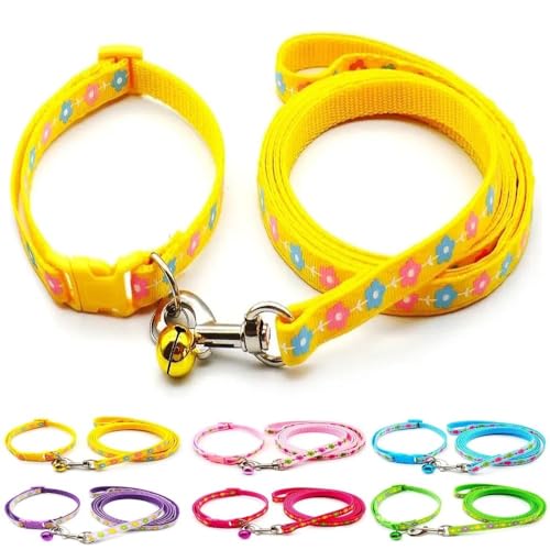 Small Dog Puppy Pet Collar and Lead Set Flower Design Nylon Adjustable Size 19-32cm Collar with Bell and 120cm Leash Yellow