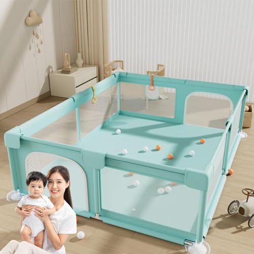 ベビーサークル ベビーフェンス 大型 ベビーフェンス ハイタイプ 65cm 自立式 ベビーゲート サークル 軽量 洗濯可能 洗える 広々空間で楽しく安全に遊べる メッシュタイプのベビーサークル 子供遊び用 室内外対応 堅固さ 滑り止め 安全 (グリーン,1