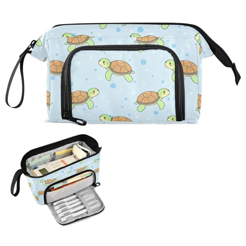 Image of Cartoon Turtles Blue Pencil Case Pouch Big Capacity Pencil Bag Box Organizer Pen Case with Compartmens Stationery Organizer for Teen Girls Boy College Women School