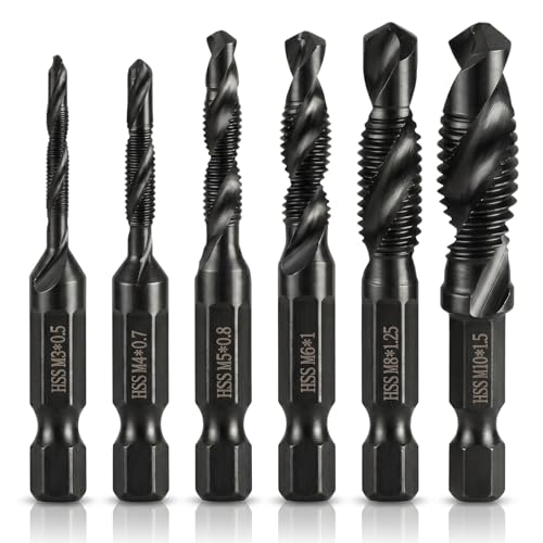 Image of 6 Packs Combination Drill Taps Bit Set, Drill Tap Countersink Bits in Sizes M3*0.5 M4*0.7 M5*0.8 M6*1.0 M8*1.25 M10*1.5 with Anti-rust Coating and Storage Case, Hex Shank HSS Tap Drill Bit Set