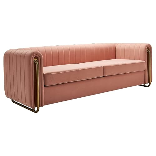 Melpomene Vertical Channel Tufted Velvet Sofa With Round Arm And Gold Metal Legs,Armrest 84.25" W（Pink） #TOP4