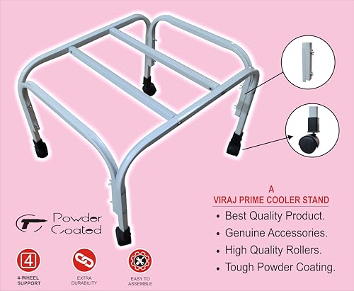 Image of Virajprime COOLER STAND, UPTO 100 LITER WIEGHT HOLDING CAPACITY, WITH HIGH QUALITY ROLLERS AND TOUGH POWDER COATING,STAND WITH 360 DEGREE MOVABLE WHEELS ANTI RUST,IRON STAND WHITE (55x47x41)