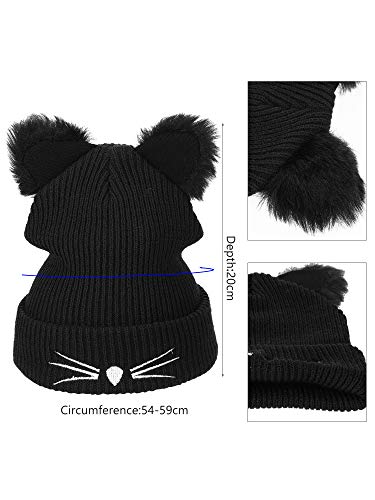 2 Pieces Winter Cat Ears Hats Soft Warm Knit Beanie Cap With 2 Pieces Pompoms For Women Girls Multicoloured #TOP2