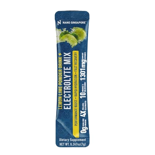 Nano Singapore Lemon Lime Electrolyte Mix Powder 10 Sticks Sugar Free Fast Hydration & Muscle Recovery Drink for Workout and Energy Boost