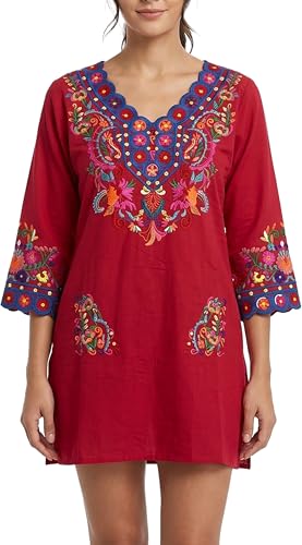 Image of YZXDORWJ Women Embroidered Mexican V Neck Floral Dress Long Sleeve Floral Traditional Bohemian Dress