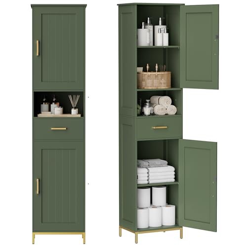 Homhedy 67 H Bathroom Storage Cabinet Tall Storage Cabinet with Adjustable Shelves Freestanding Cabinet with Doors and Drawer Narrow Cabinet for Bathroom Living Room Kitchen Dining Room Green