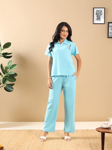 Image of Kvetoo Women Solid Tracksuit Set Cotton Lounge Wear Set Half Sleeve Polo T-Shirt & Straight Pant Casual Travel Outfit